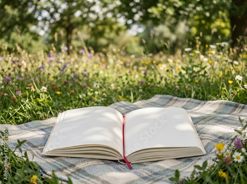 Open book resting on a blanket in a sunny meadow surrounded by wildflowers and trees.