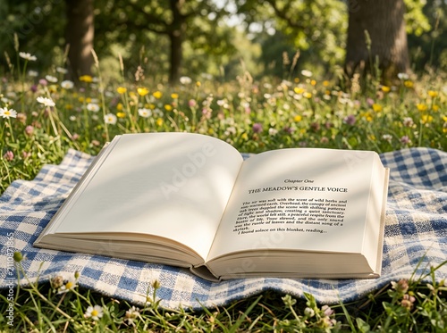 Open book resting on a checkered blanket in a sunlit meadow.