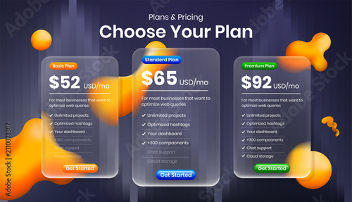 Bild auf Leinwand Modern pricing plan tables in liquid glass morphism style for website or mobile app UI UX design