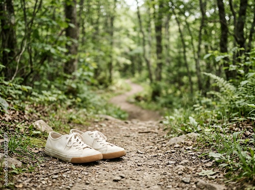 Pair of walking shoes resting on a forest path surrounded by lush green trees and foliage.