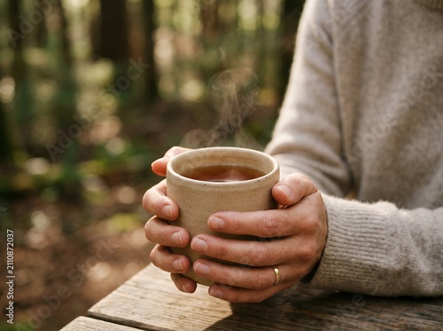 Person holding a warm cup of tea outdoors in a forest setting.