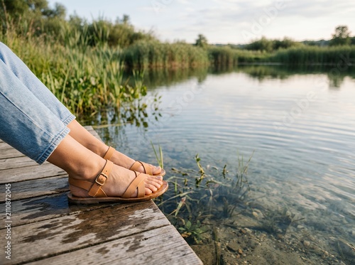 Person relaxing on a wooden dock dipping feet into clear lake water.