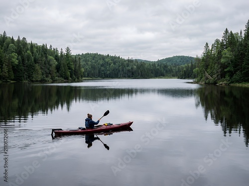 Person kayaking on a calm lake surrounded by lush green forest under a cloudy sky.