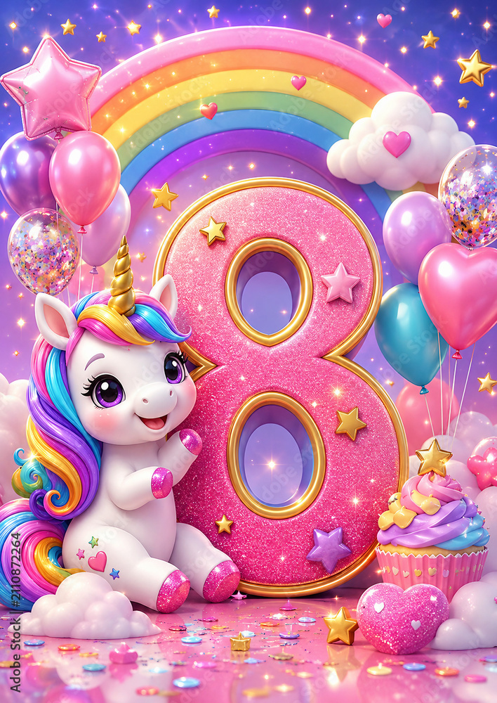 Fototapeta premium Sweet unicorn-themed birthday illustration with a glittering pink number eight, rainbow, balloons, stars, cupcake, hearts, and pastel fantasy decorations. Perfect for girls' birthday invitations and p