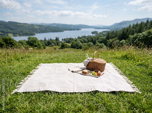 Picnic Blanket with Basket and Food on Grassy Hillside Overlooking Lake and Mountains.