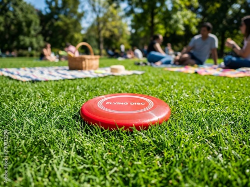 Red frisbee on green grass with people picnicking in the background.