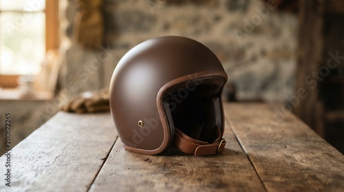 Retro Motorcycle Helmet on Wooden Table.