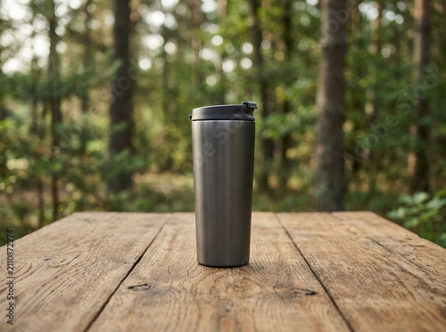 Reusable coffee cup on a wooden table in a forest setting.