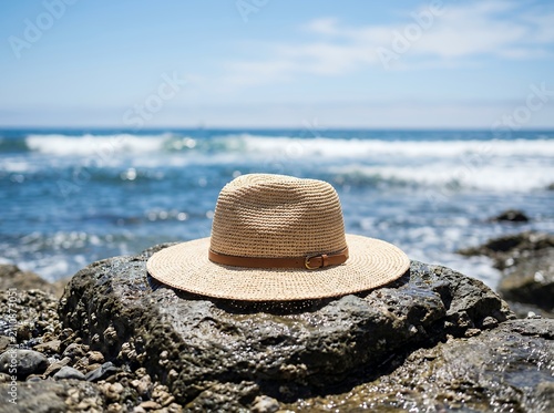 Straw hat resting on a rock by the ocean waves.