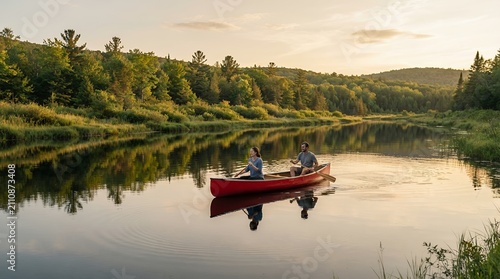 Two people canoeing on a calm river surrounded by lush green trees and hills at sunset.