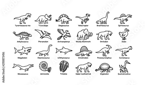 Bild auf Leinwand Animated Extinct Animal Outline Icons Set with Prehistoric Creatures Vector