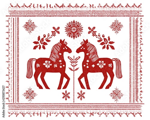 Nordic folk art illustration featuring two red horses surrounded by traditional floral patterns and snowflakes.