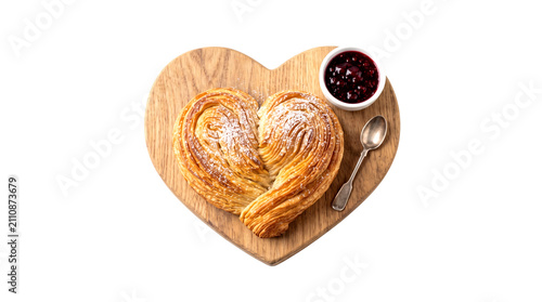 Heart Shaped Croissant on Wooden Board with Jam