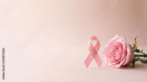 Pink Breast Cancer Awareness Ribbon and Rose on Blush Background, Healthcare Support Banner