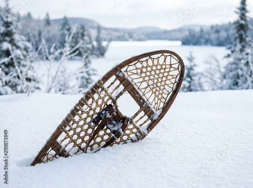 Vintage Snowshoe Stuck in Deep Snow with Winter Landscape Background.