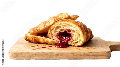Croissant Filled with Raspberry Jam on Wooden Paddle Board