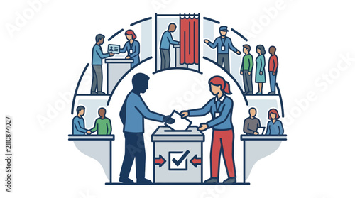 Illustration of citizens voting at a polling station during an election.