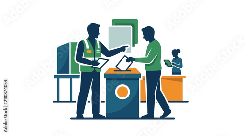 A man casting his ballot in a voting box with an election official standing by.