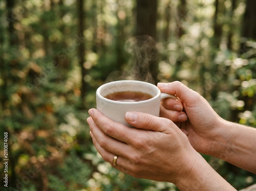 Woman holding a steaming cup of coffee in a forest setting.