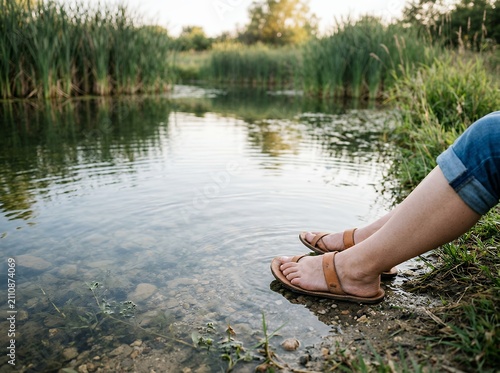Woman relaxing by a calm lake with feet in the water.