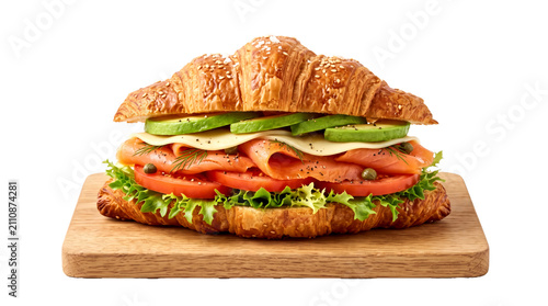 Gourmet Smoked Salmon and Avocado Croissant Sandwich on Wooden Board