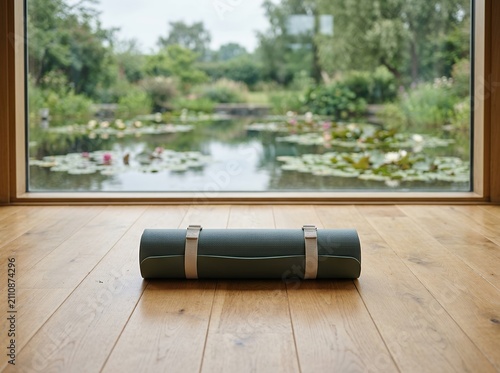 Yoga mat on wooden floor with serene pond view.