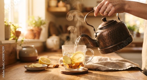 Pouring Hot Water into Ginger and Turmeric Tea, Healthy Lifestyle and Wellness Concept