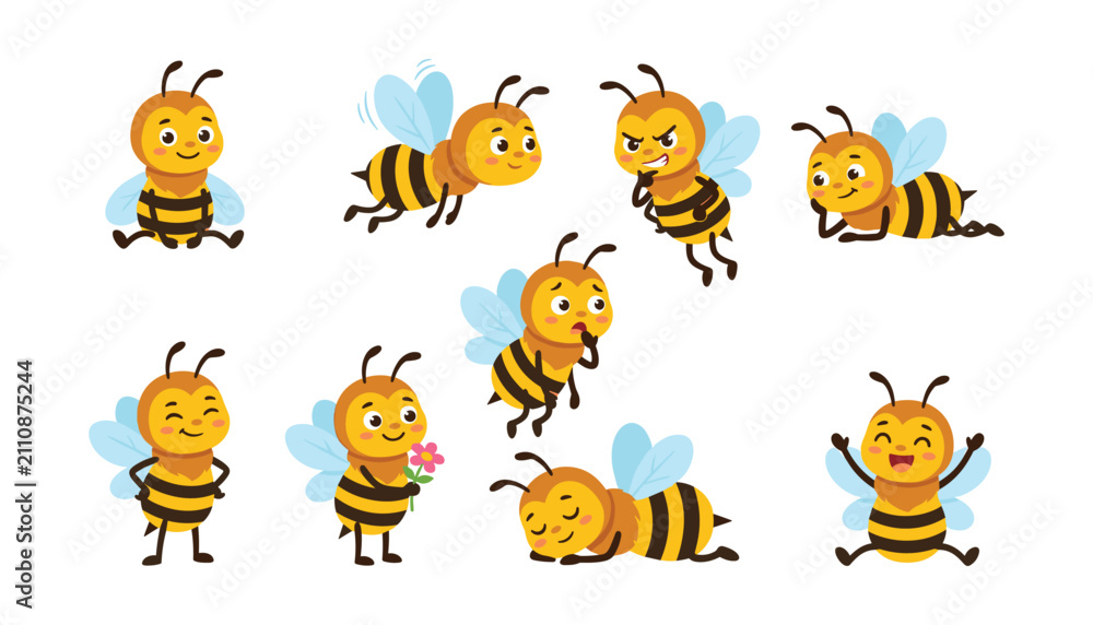 Fototapeta premium Cute bee character vector set with funny little cartoon bumblebees showing different emotions flying sleeping and holding flower