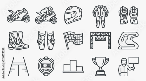 Fotografía Dynamic Black and White Line Set of Motorcycle Racing and Competition Icons with
