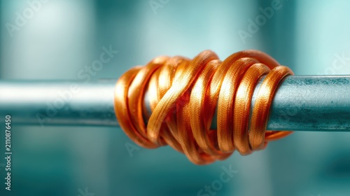 An artistic close-up of an orange wire twisted around a metallic pipe, illustrating the interplay of color, texture, and form in an industrial context.