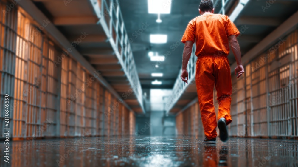 Obraz premium A solitary figure dressed in an orange prison jumpsuit walks through an empty corridor, evoking feelings of isolation, confinement, and the human experience of regret and reflection.