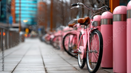 A vibrant pink bicycle stands elegantly beside a row of matching pink trash bins, creating a cheerful scene on a city lane filled with urban charm and creative design.