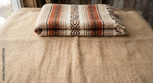 Folded Southwestern Serape Textile on Burlap Background, Rustic Interior Design Template