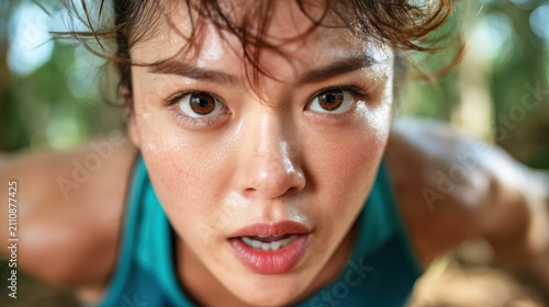 A determined woman mid-exercise in a lush green environment, showcasing strength and resilience, emphasizing the importance of fitness and mental well-being.