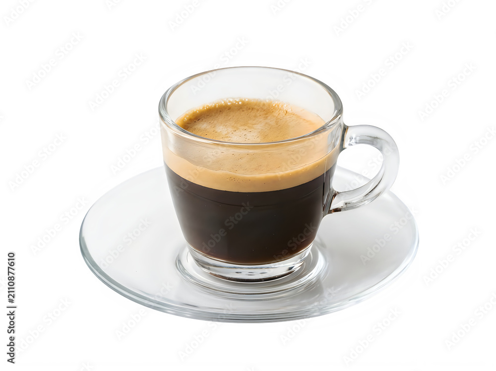 Naklejka premium A small glass cup of fresh hot espresso coffee with foam on a matching saucer