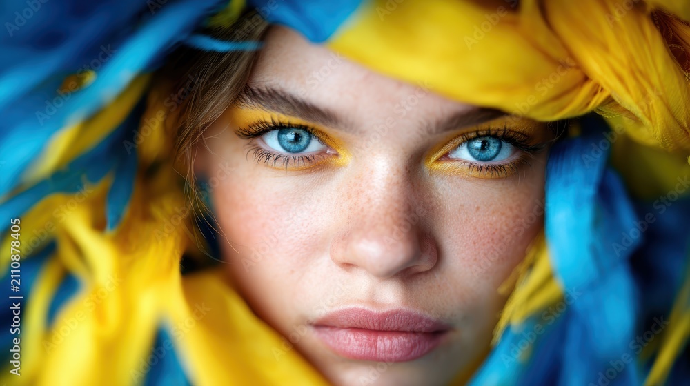 Obraz premium A captivating close-up portrait of a woman featuring stunning blue and yellow attire, showcasing her vibrant eye makeup that radiates creativity and boldness in individual expression.