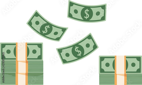 Stacks of US dollar bills and flying banknotes with dollar signs on white 