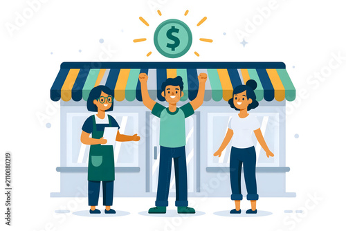 Celebrate Your Business Success: A Vibrant Illustration of Teamwork and Entrepreneurship in a Thriving Store Environment