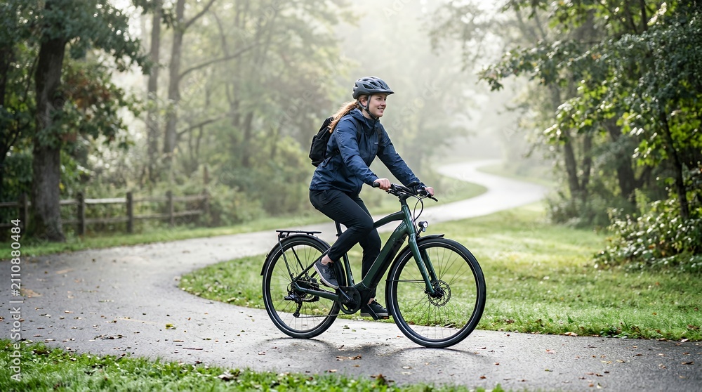 Fototapeta premium Woman Riding Electric Bike on Winding Forest Path