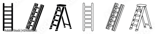 Ladder vector set with different styles and angles including straight ladders and folding step ladders, isolated line art and filled illustrations for construction, home improvement and safety