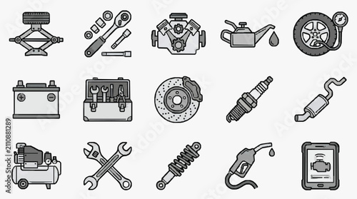 Corporate Collection of Monochromatic Auto Repair Tools and Car Parts Icons Grayscale with high quality professional line art symbols for modern creative design and digital branding projects