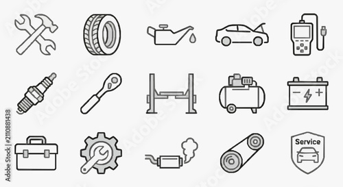 Sleek Black and White Line Art Icons Set Featuring Auto Repair Tools Vehicle Parts and Diagnostic Equipment
