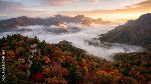 Misty mountain peaks glowing at golden hour. Autumn forest with low clouds and dramatic sky reflections.