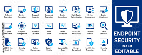 Endpoint Security Icon Set. Professional Symbols for Cybersecurity, Network Protection, Antivirus, Firewall, and Data Privacy
