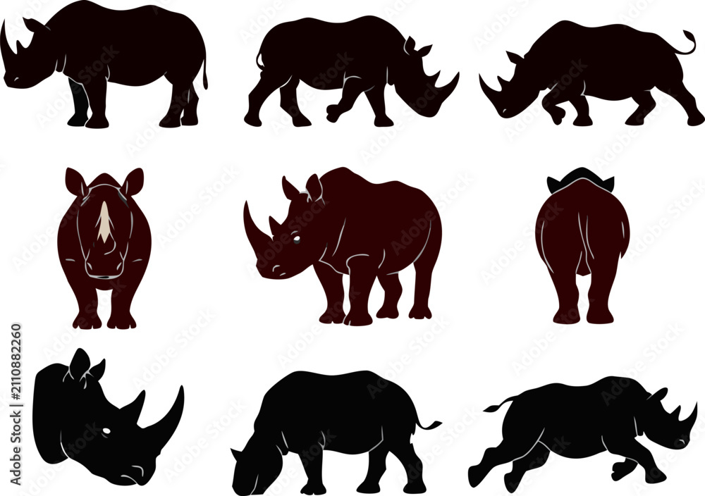 Fototapeta premium Rhino silhouette vector set in multiple poses and styles