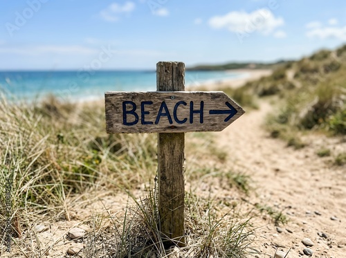 Wooden Beach Signpost in Sand Dunes Leading to Ocean.