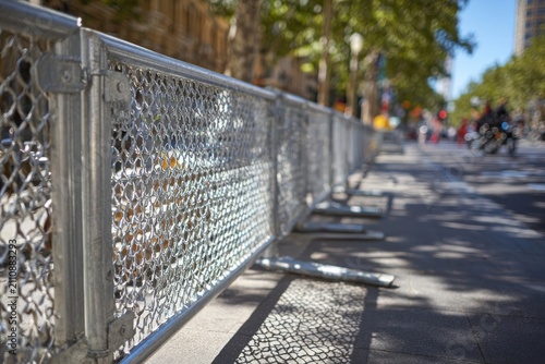 Urban Crowd Control Barricade on City Sidewalk for Event Security and Pedestrian Traffic Management Wide Background Copy Space