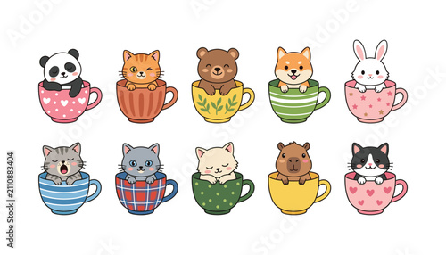 Obraz na plátne Cute cartoon animal characters sitting inside colorful patterned teacups set with kitten panda shiba inu bear rabbit capybara vector