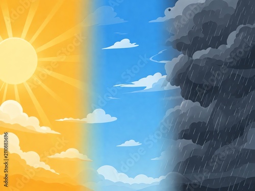 Conceptual weather transition illustration showing three panels from sunny and bright, through partly cloudy, to stormy and rainy skies. Meteorological background vector.