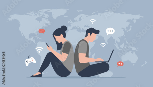 Young man and woman sitting back to back engrossed in their smartphone and laptop against a world map.